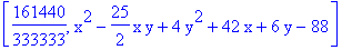 [161440/333333, x^2-25/2*x*y+4*y^2+42*x+6*y-88]